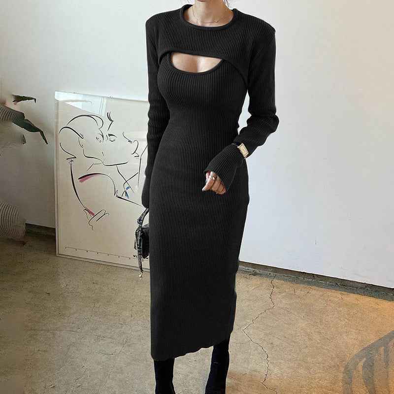 Hollow out shawl sweater slim fit slit suspender dress two-piece set for women