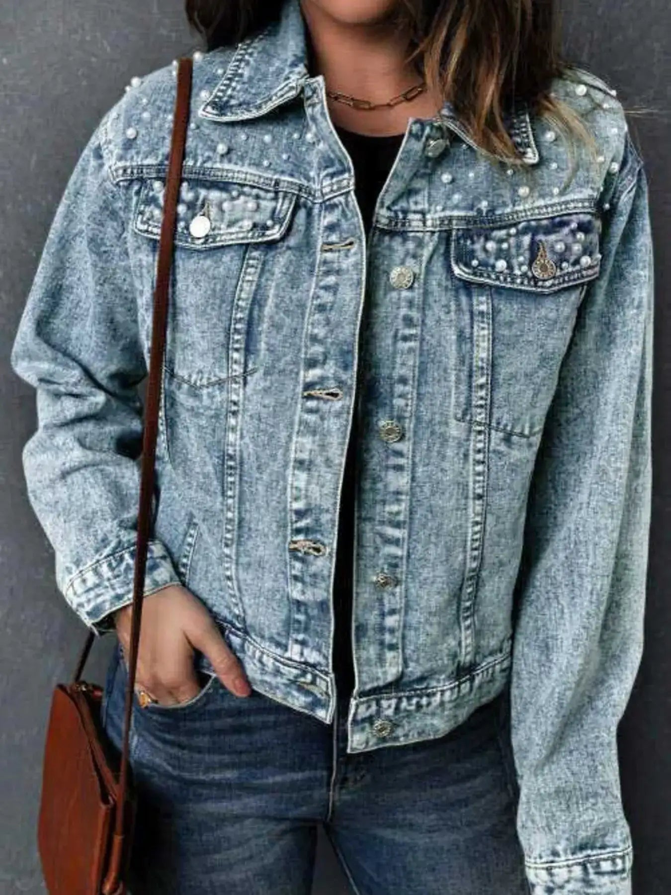 Full Size Pearl Detail Button Up Long Sleeve Denim Jacket Plus Size.