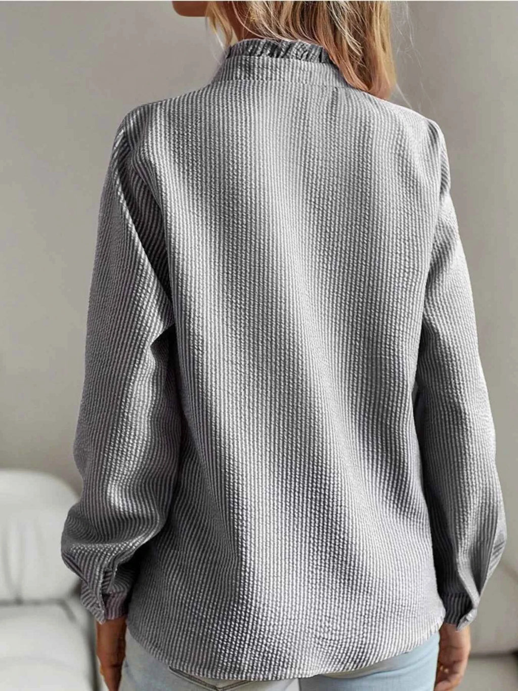 Striped Ruffle Detail Button-Up Blouse
