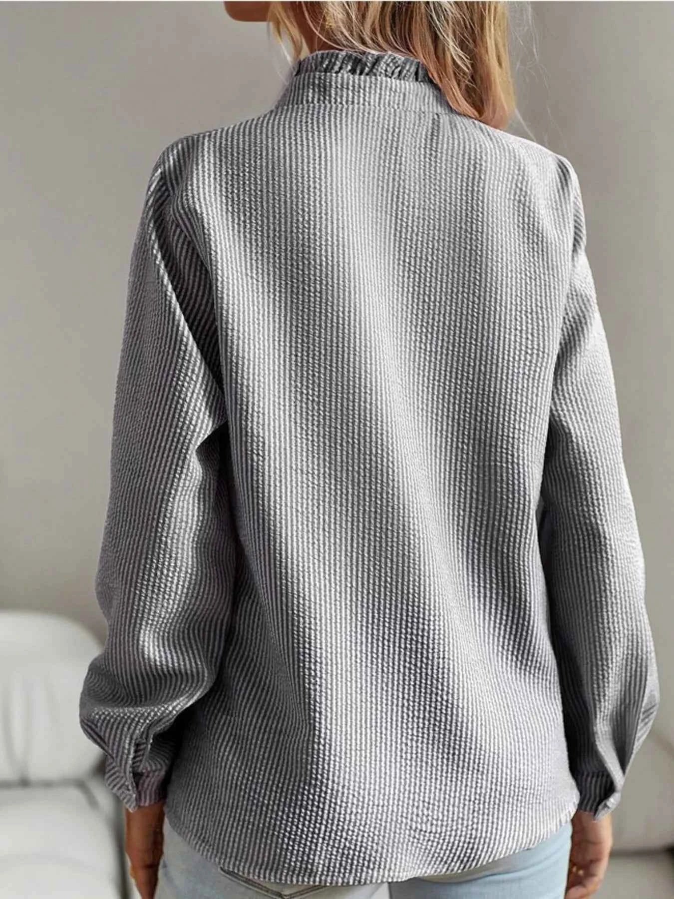 Striped Ruffle Detail Button-Up Blouse