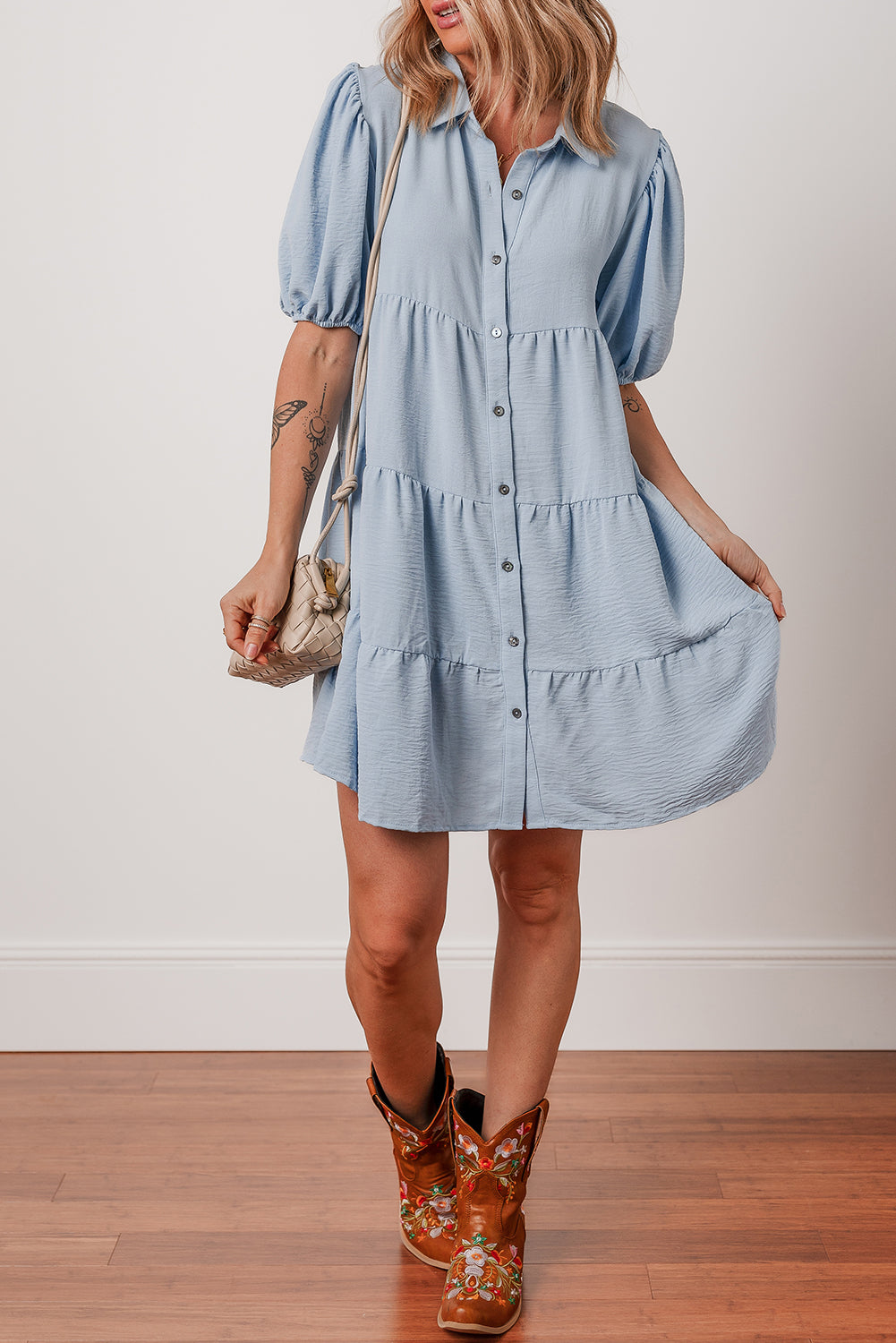 Beau Blue Shirt Collar Button Up Short Puff Sleeve Tiered Shift Dress Dear-Lover Dropshipping