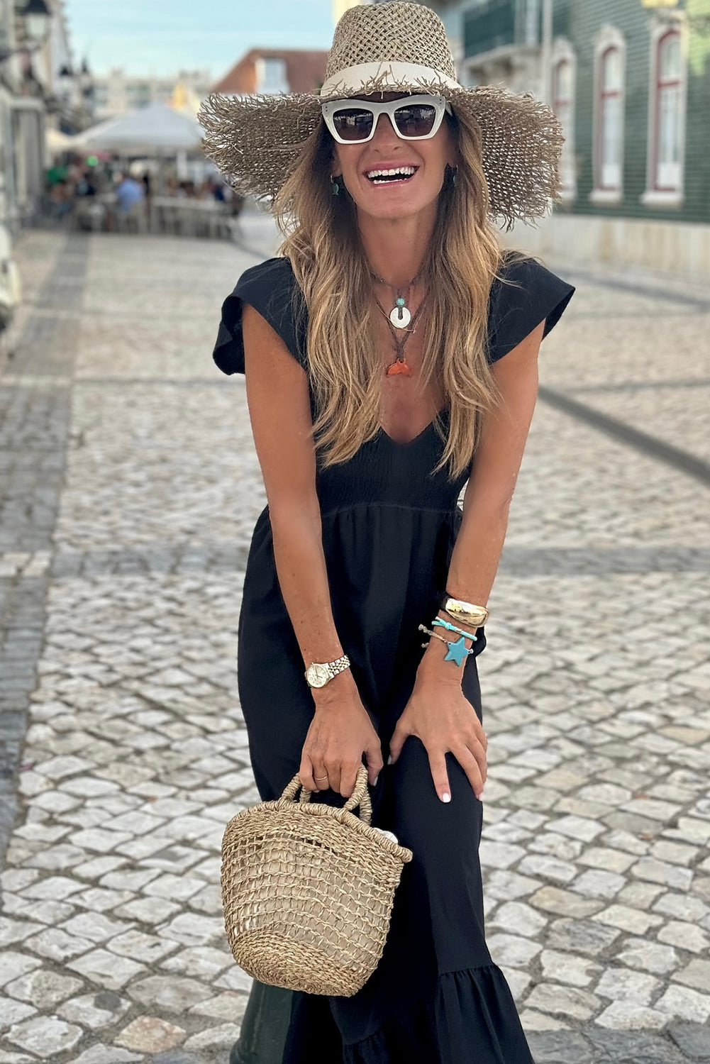 Black V Neck Flutter Sleeve Smocked Bodice High Waist Ruffle Maxi Dress Dear-Lover Dropshipping