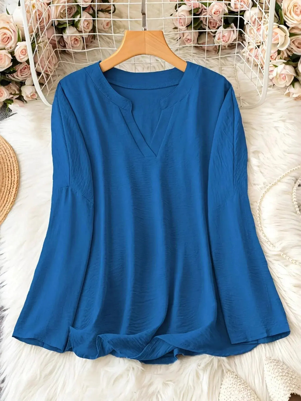 Notched Long Sleeve Casual Blouse.
