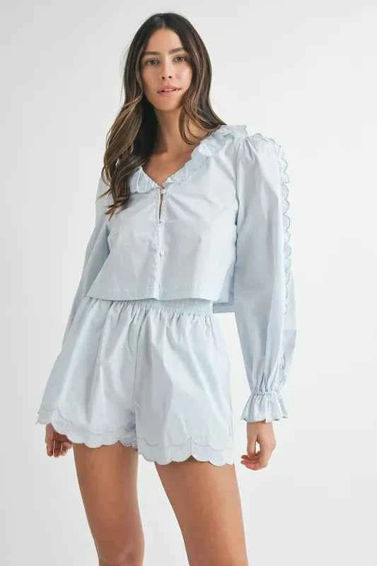Long Sleeve Scallop Blouse and Shorts Set