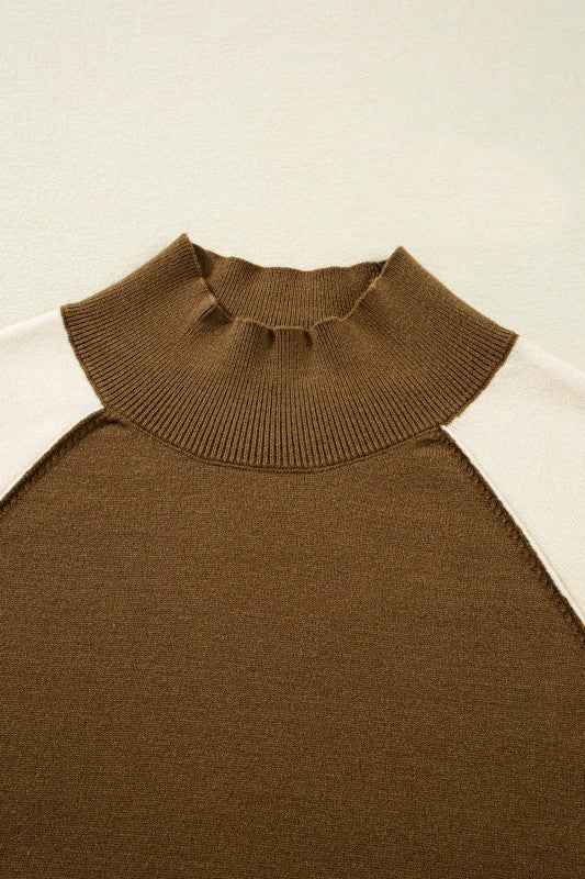 Colorblock Raglan Puff Sleeve Mock Neck Sweater
