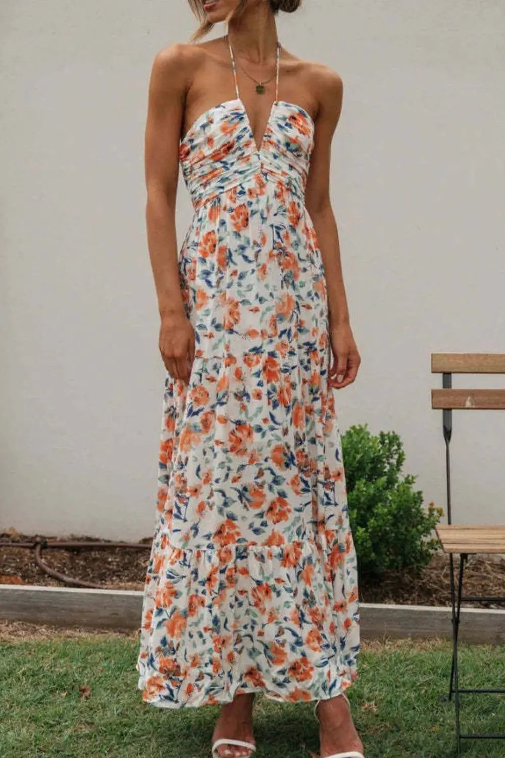 Floral Halter Neck Tiered Maxi Dress.