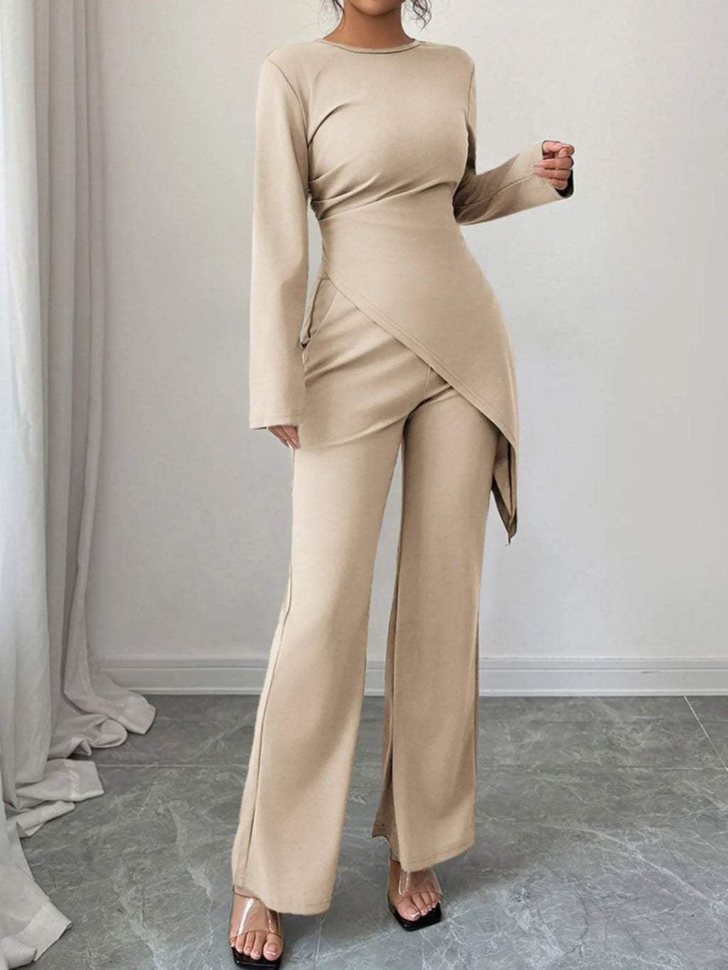 Asymmetric Long Sleeve Top and Pants Set.