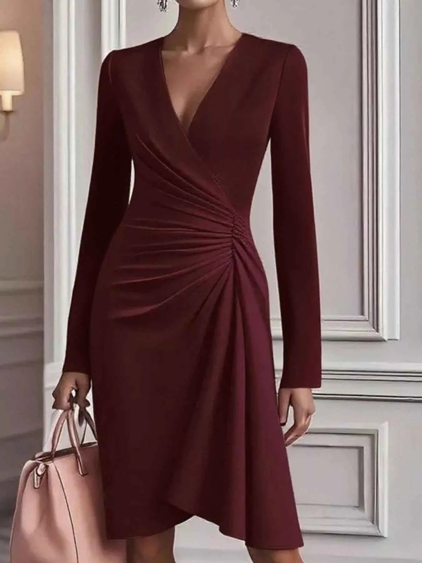 Ruched Surplice Long Sleeve Dress