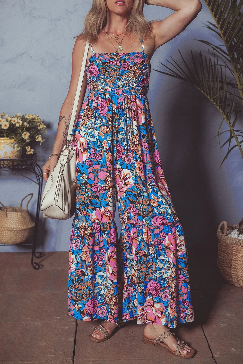 Floral Smocked Spaghetti Straps Wide Leg Jumpsuit - CHIC TB