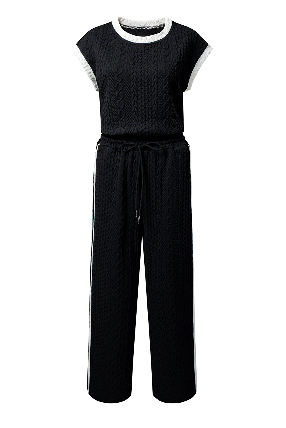 Black Cable Knit Contrast Trim Short Sleeve Top and Pants Set Dear-Lover Dropshipping