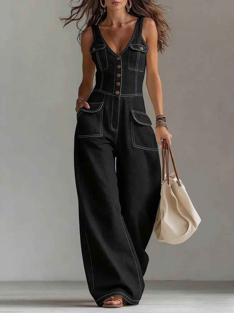 V Neck Sleeveless Button Front Pocket Wide Leg Denim Jumpsuit