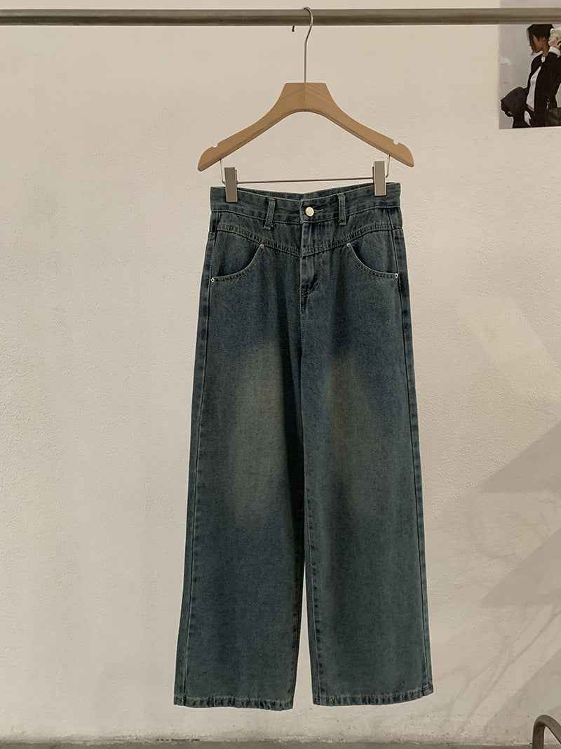 Vintage High-Waisted Denim Pants Women Loose Wide-Leg Slim Straight Leg Pants