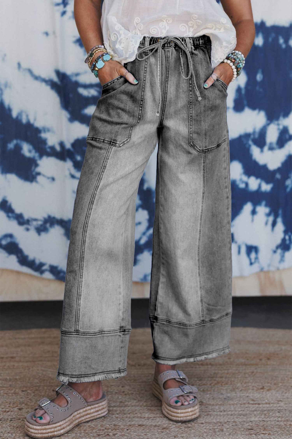 Gray Drawstring Seam Detail Raw Hem Wide Leg Denim Pants