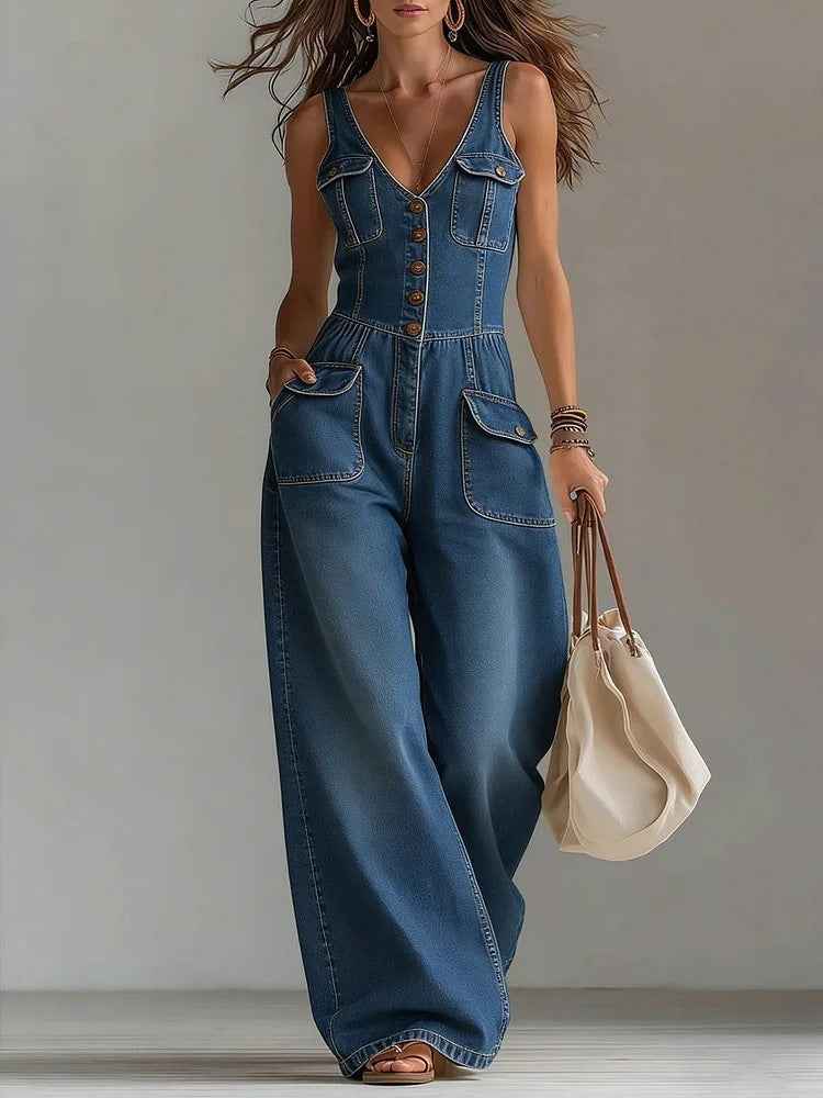 V Neck Sleeveless Button Front Pocket Wide Leg Denim Jumpsuit