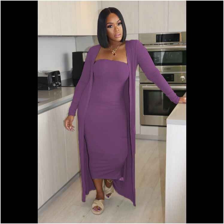 New Autumn Fashion Suit Women Solid Tube Bodycon Dress With Longline Coat Two Piece Set Casual Daily Outfits