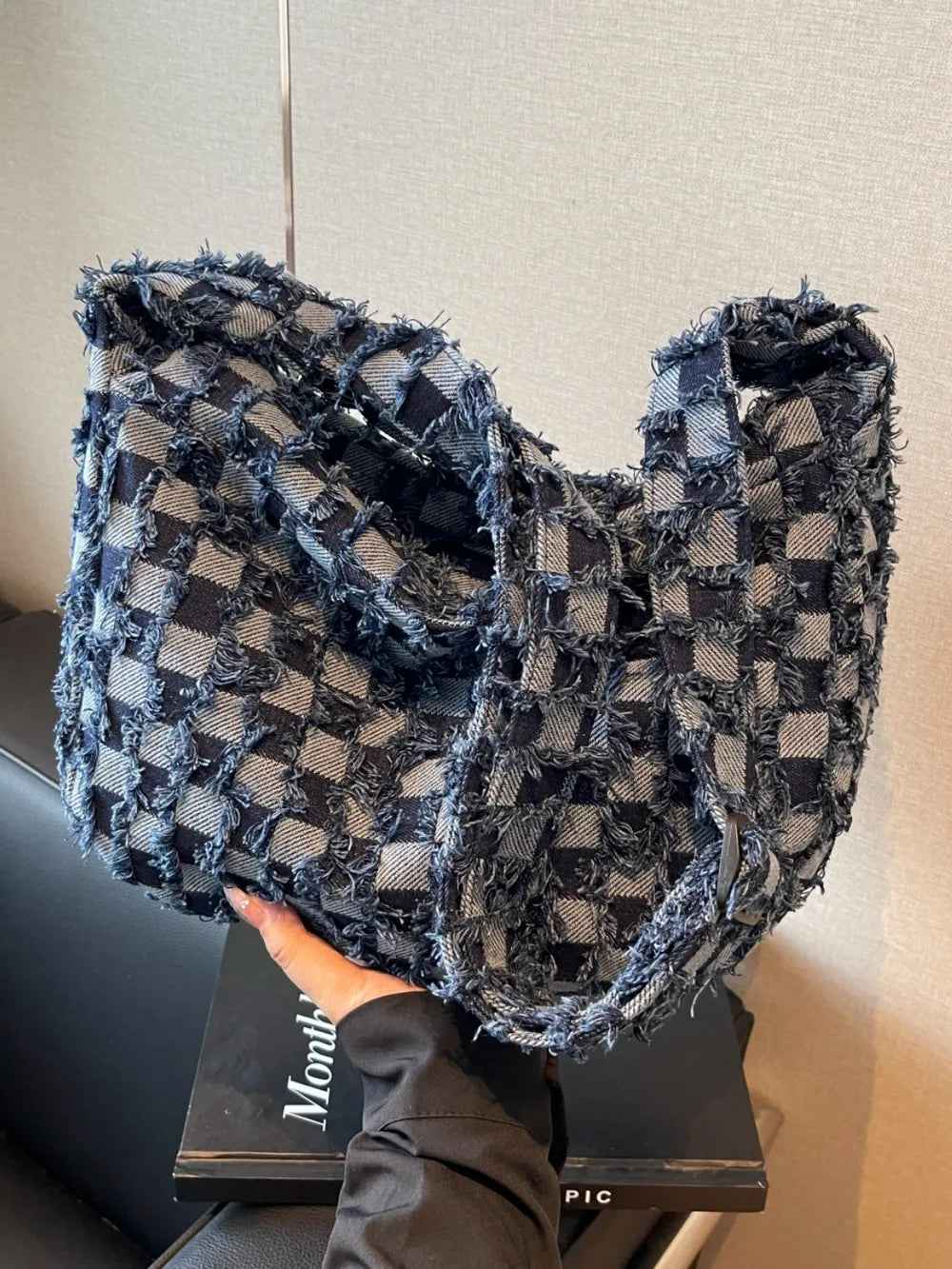Checkered Raw Edge Denim Shoulder Bag