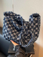 Checkered Raw Edge Denim Shoulder Bag