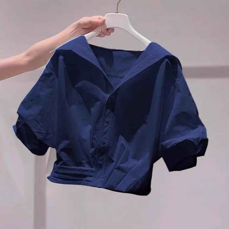 Women's Solid Color Lapel Short-sleeve Shirt