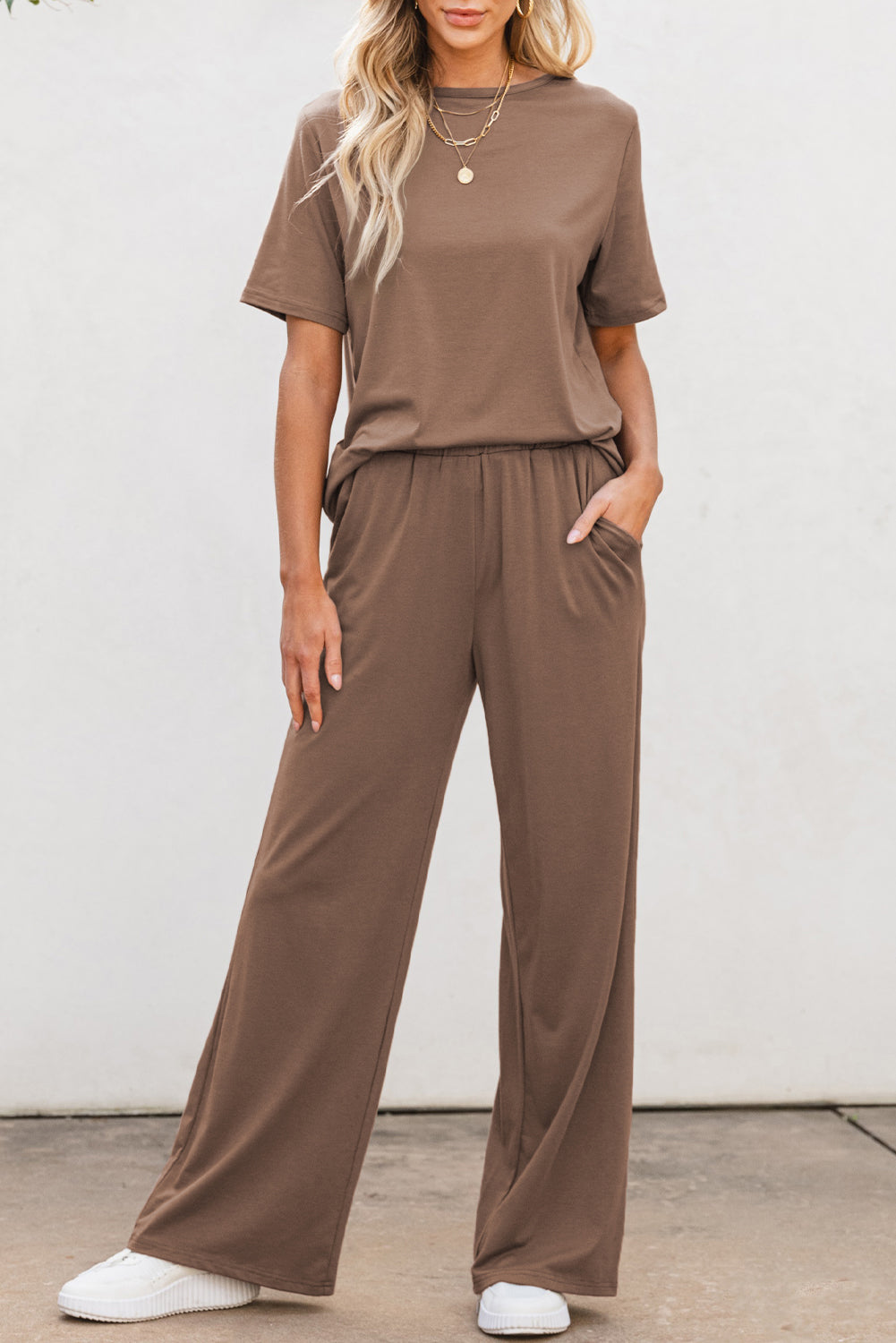 Smoke Gray Solid Color T Shirt 2pcs Wide Leg Pants Set Dear-Lover Dropshipping