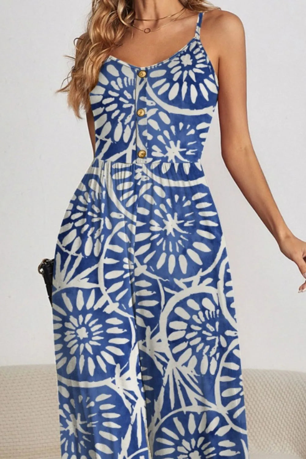 FAM-FAM Decorative Button Spaghetti Strap Wide Leg Jumpsuit - CHIC TB