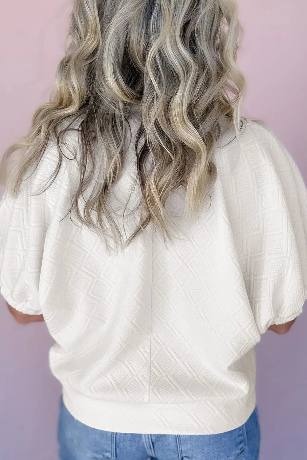 Contrast Striped Collar Patchwork Textured Half Sleeve Blouse.