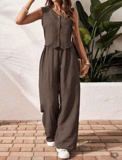 Linen Leisure Commute Front Button Vest And Trousers