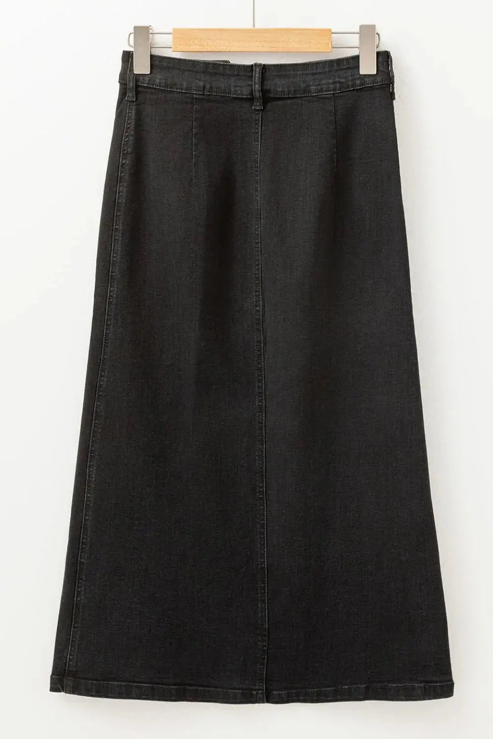 Button Fly Side Split Denim Midi Skirt.