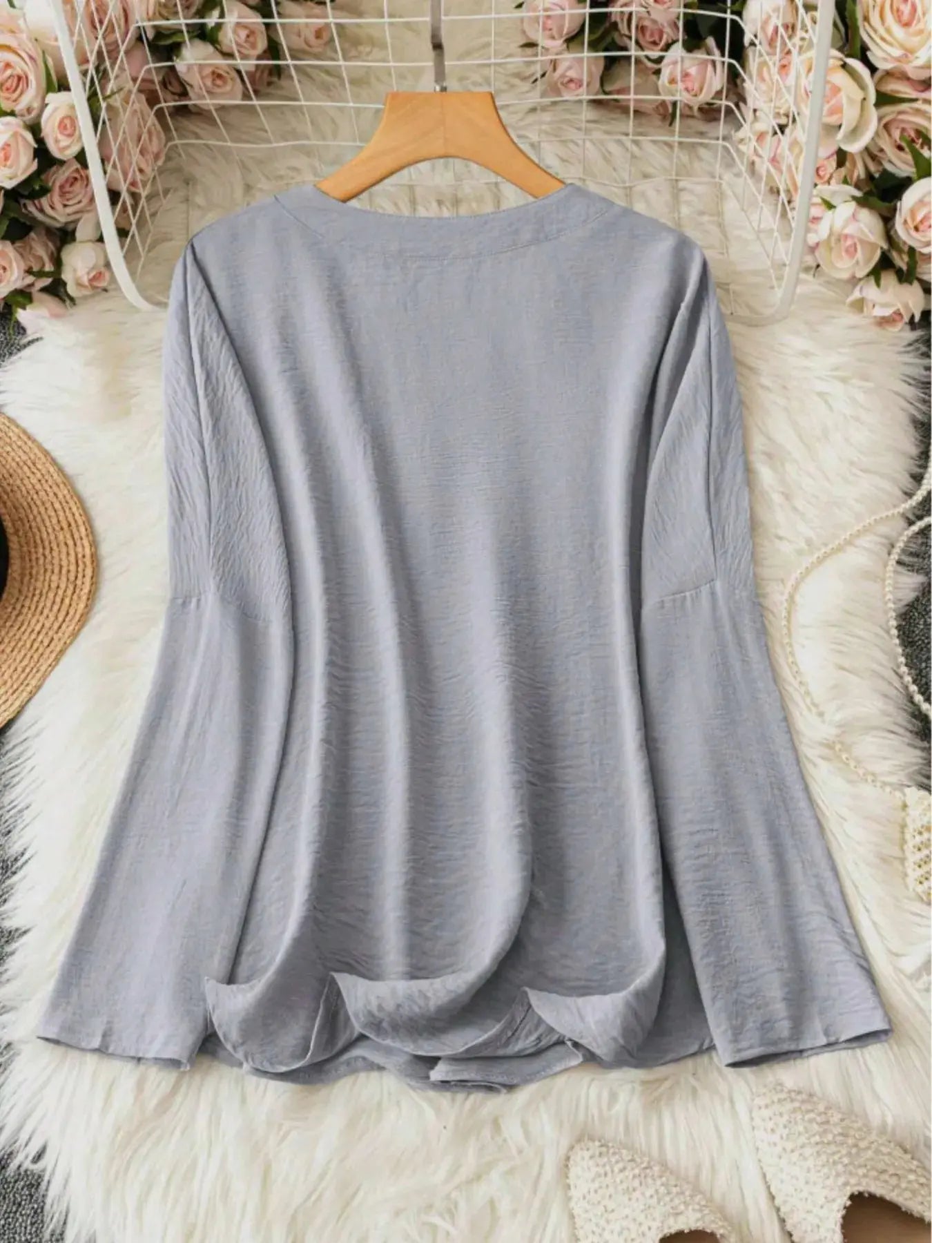 Notched Long Sleeve Casual Blouse.
