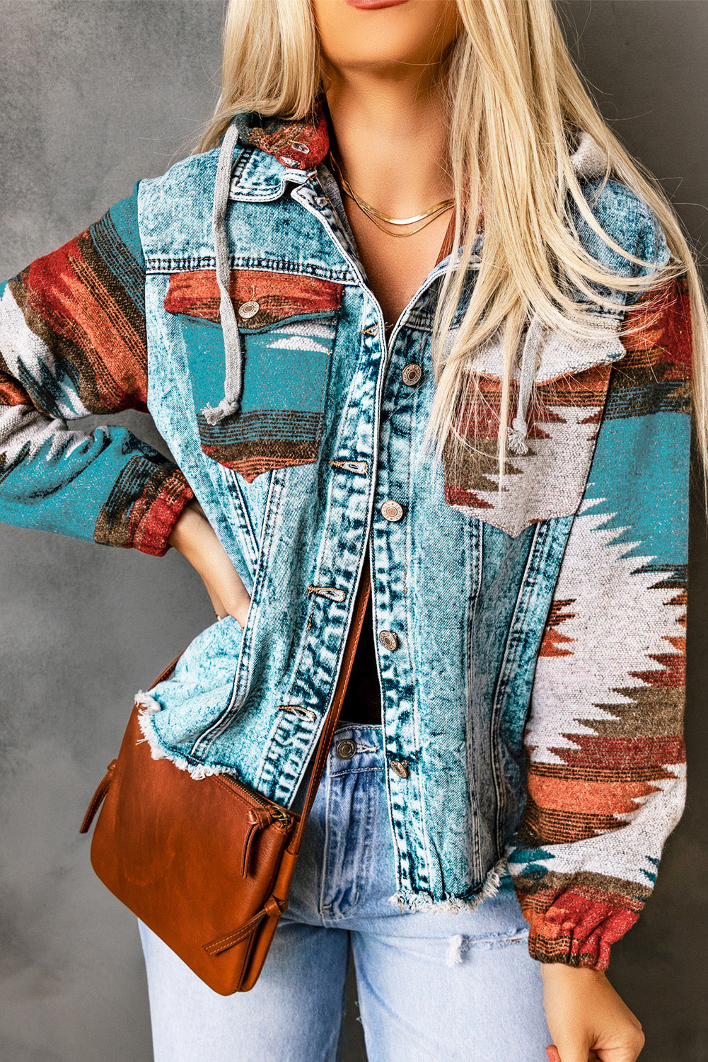 Multicolor Aztec Print Frayed Hem Denim Jacket Dear-Lover Dropshipping