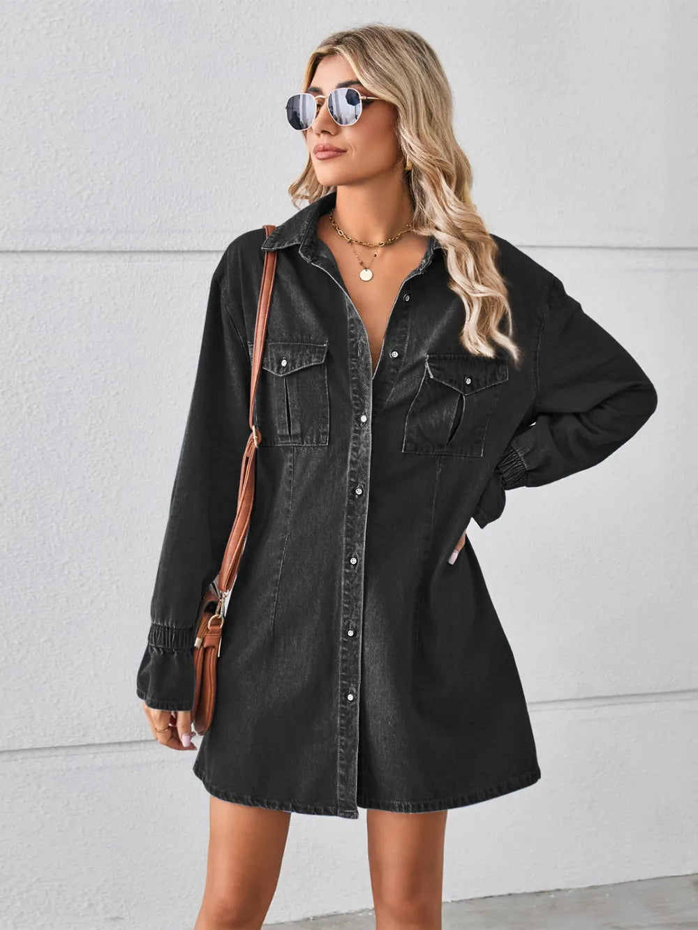 Pocketed long sleeve women Mini–Denim Dress.