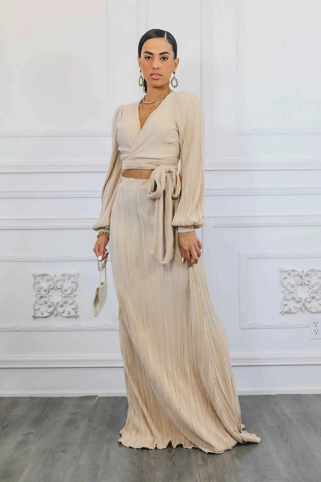 Bubble Sleeves Pleated Cropped Top With Maxi Skirt Set