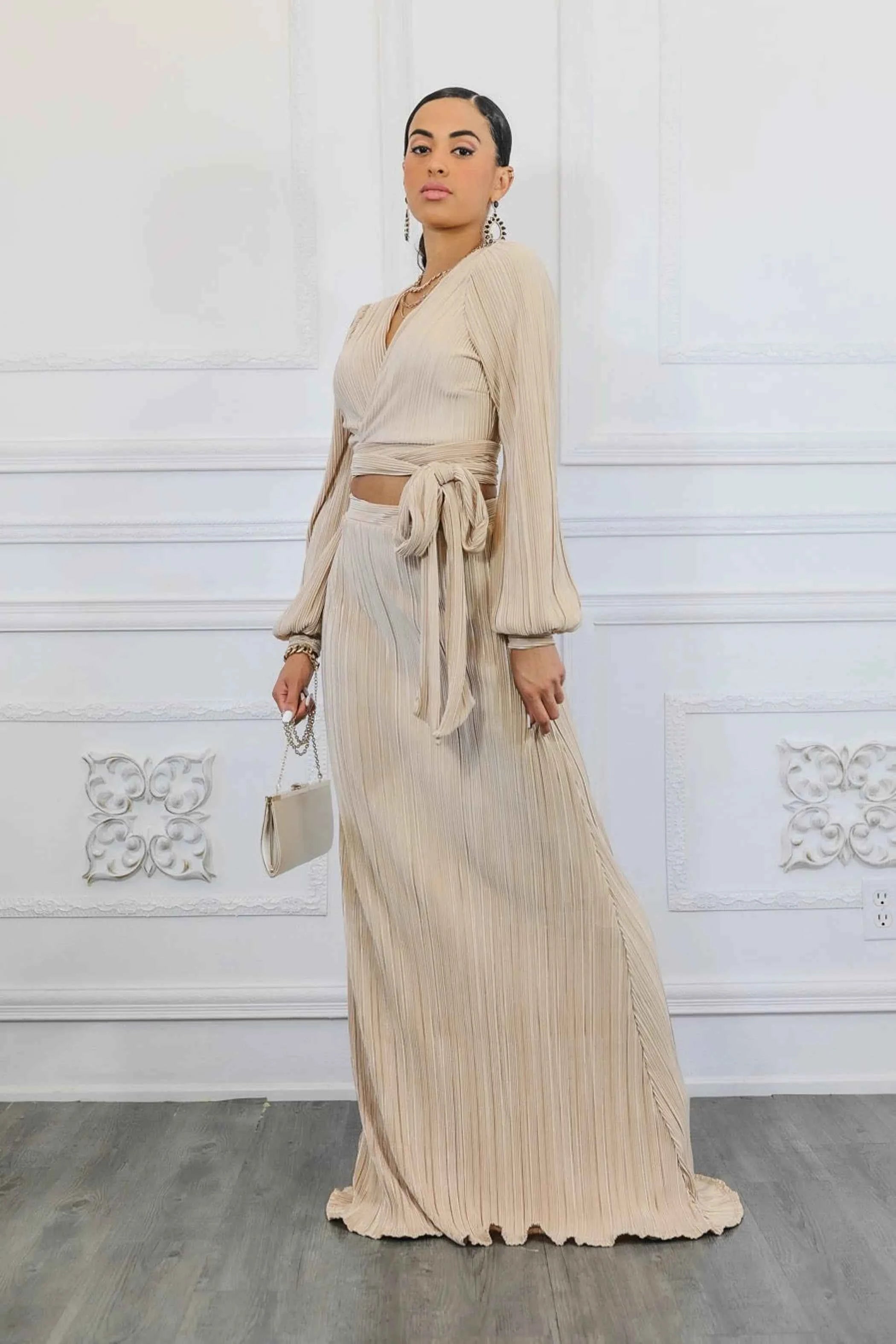 Bubble Sleeves Pleated Cropped Top With Maxi Skirt Set