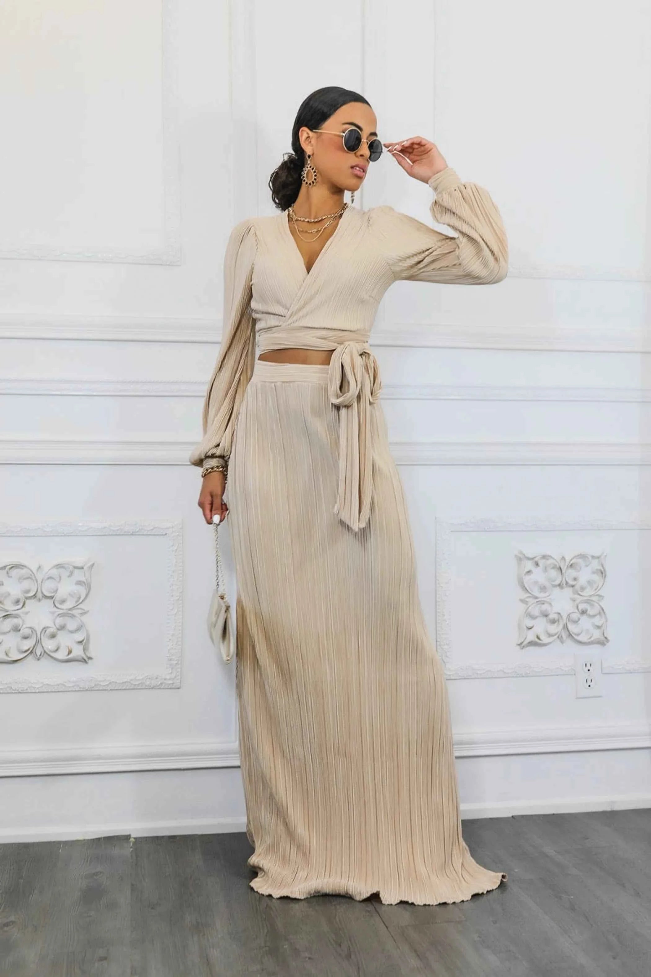 Bubble Sleeves Pleated Cropped Top With Maxi Skirt Set