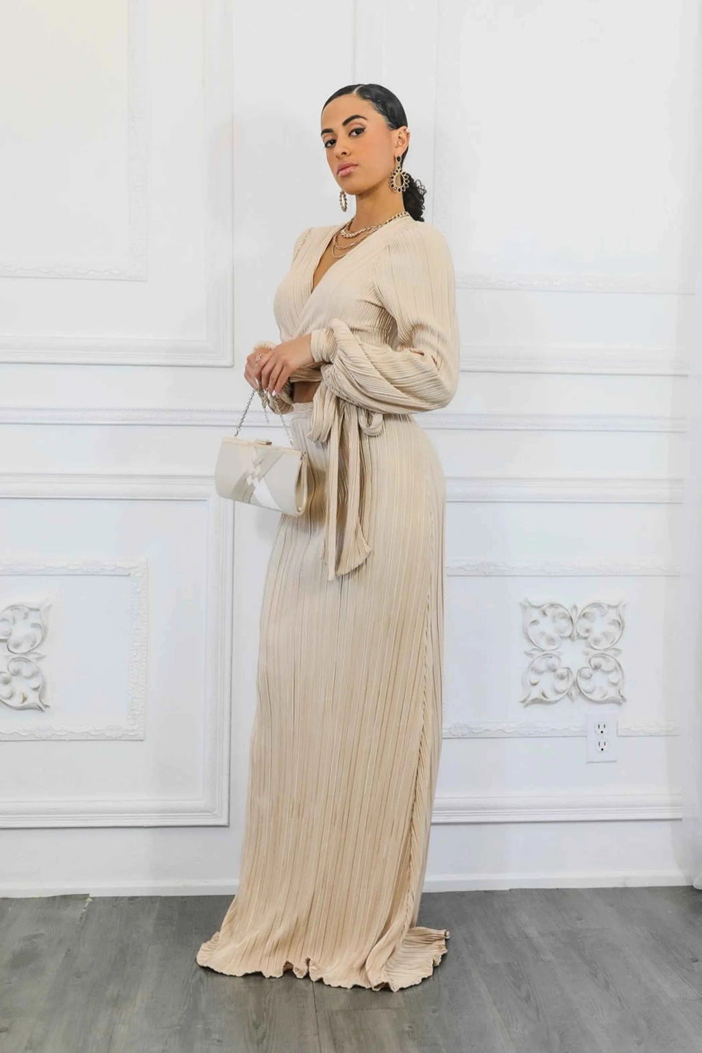 Bubble Sleeves Pleated Cropped Top With Maxi Skirt Set