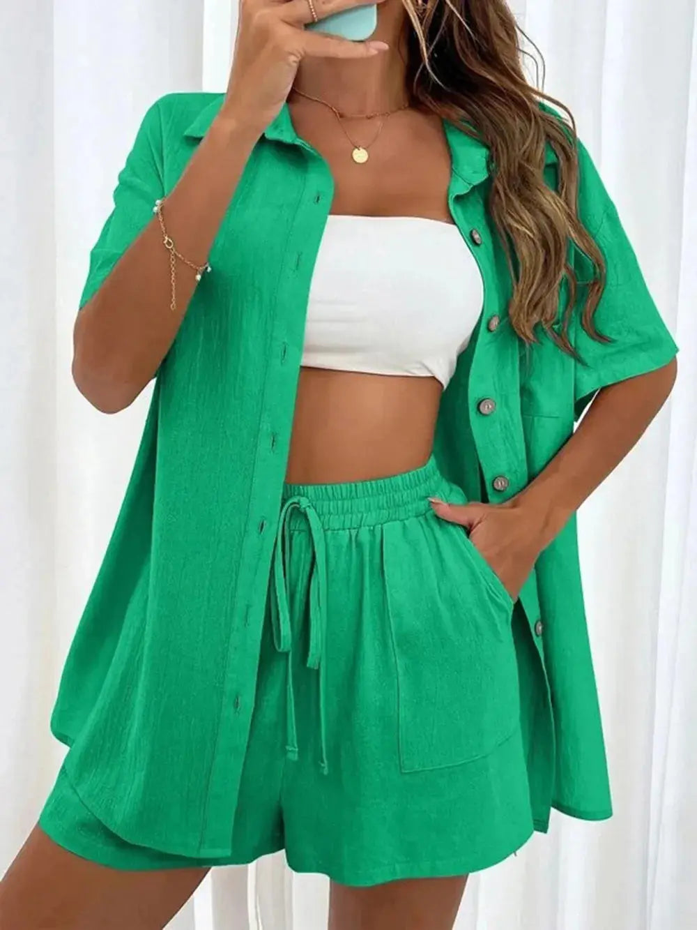 Button Up Shirt and Drawstring Shorts Set - CHIC TB