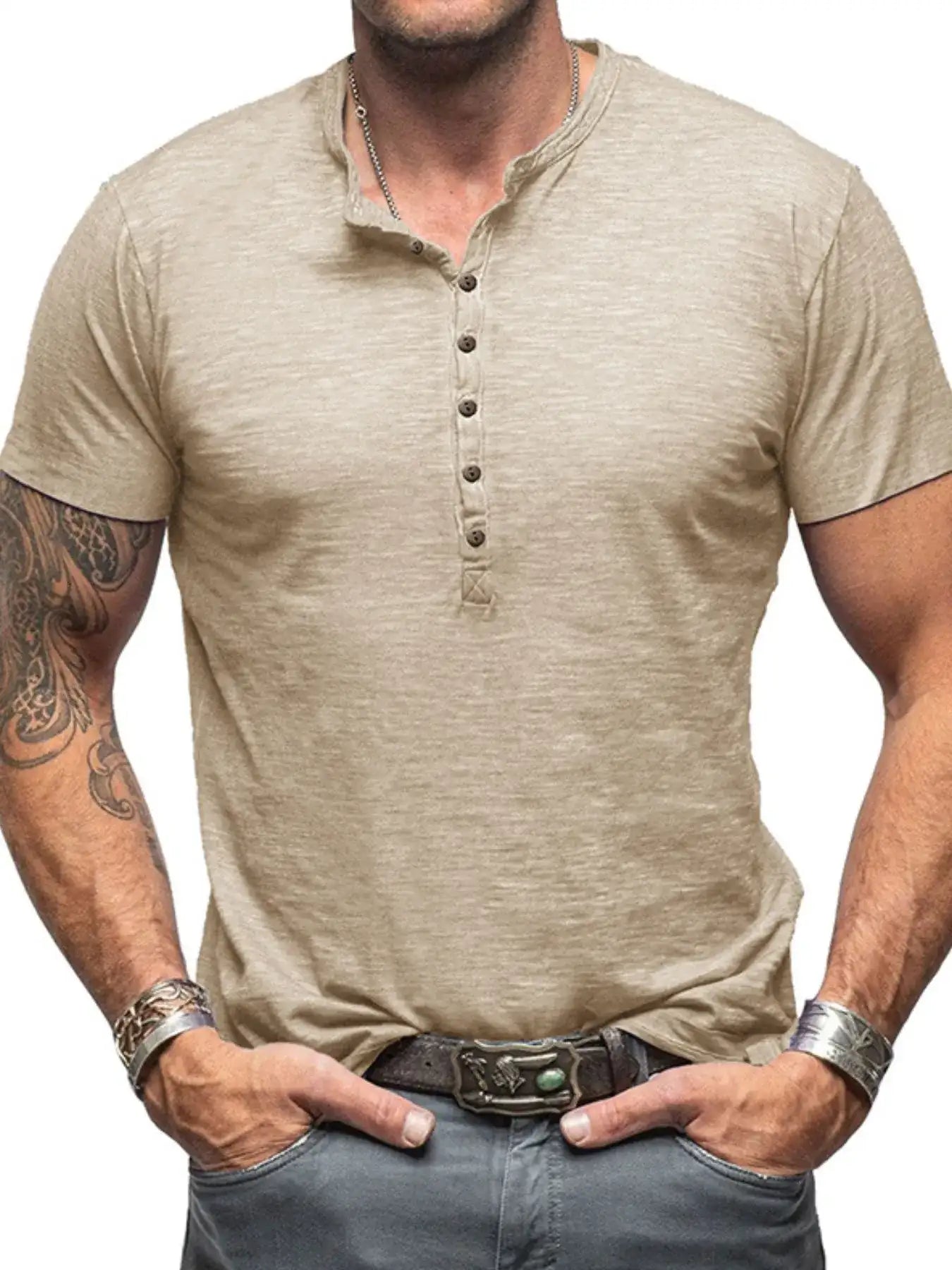 Men's Casual Henley Short Sleeve Button Top.