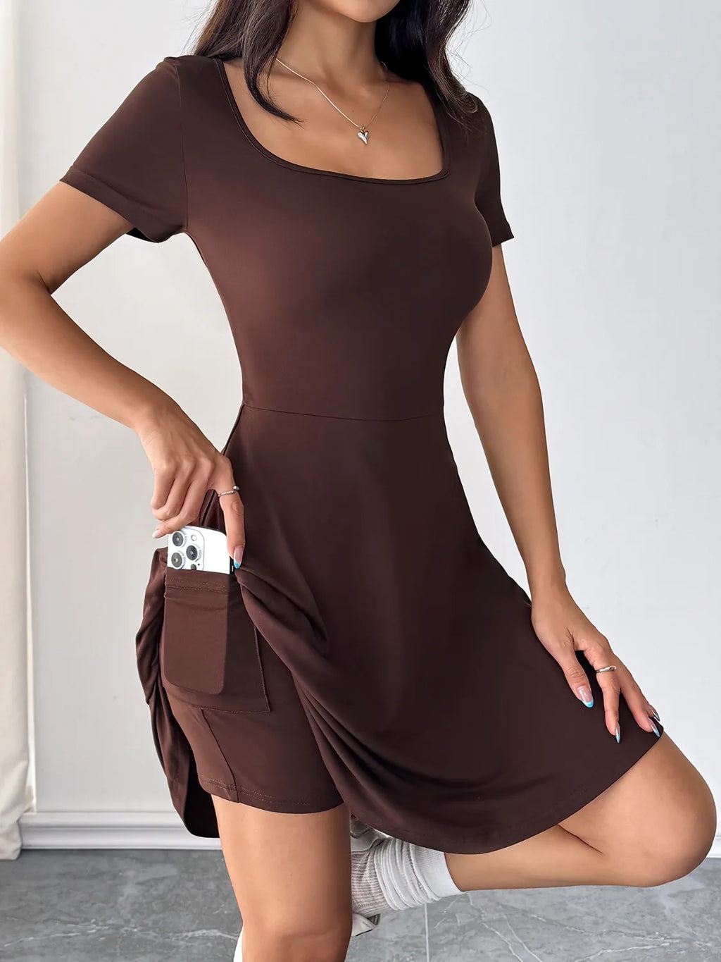 Scoop Neck Short Sleeve Mini Tee Dress with Shorts.