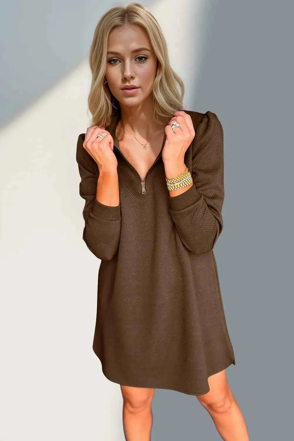 Double Take Textured Quarter Zip Long Sleeve Dress.