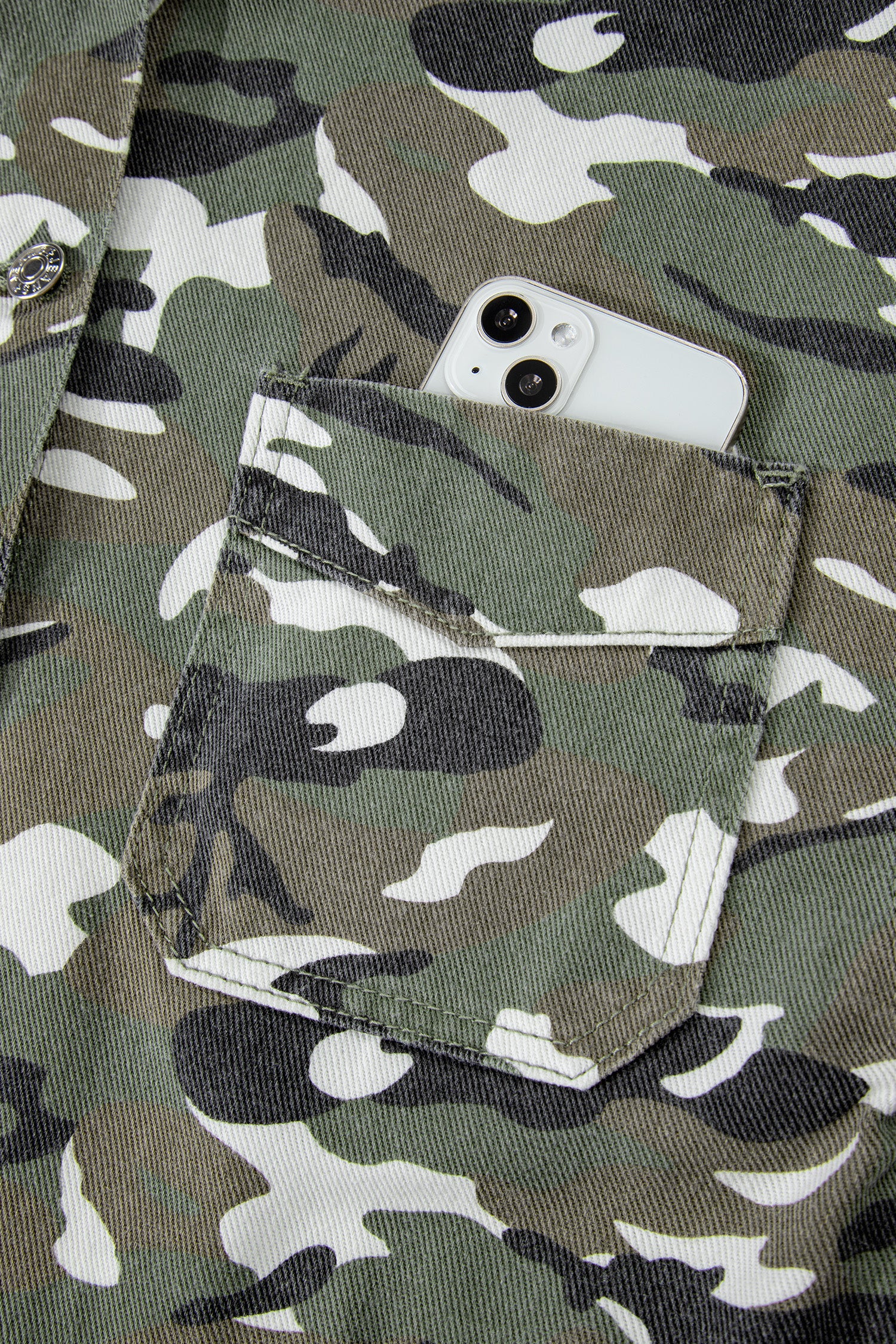 Green Camo Chest Pockets Loose Jean Jacket