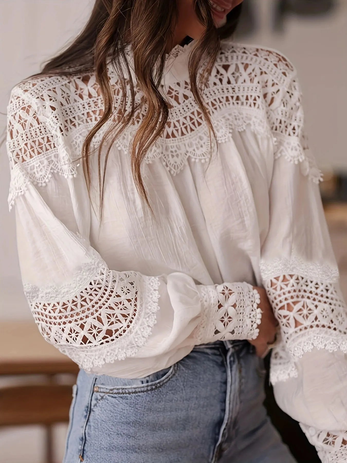 Crochet Lace Detail Long Sleeve Blouse.