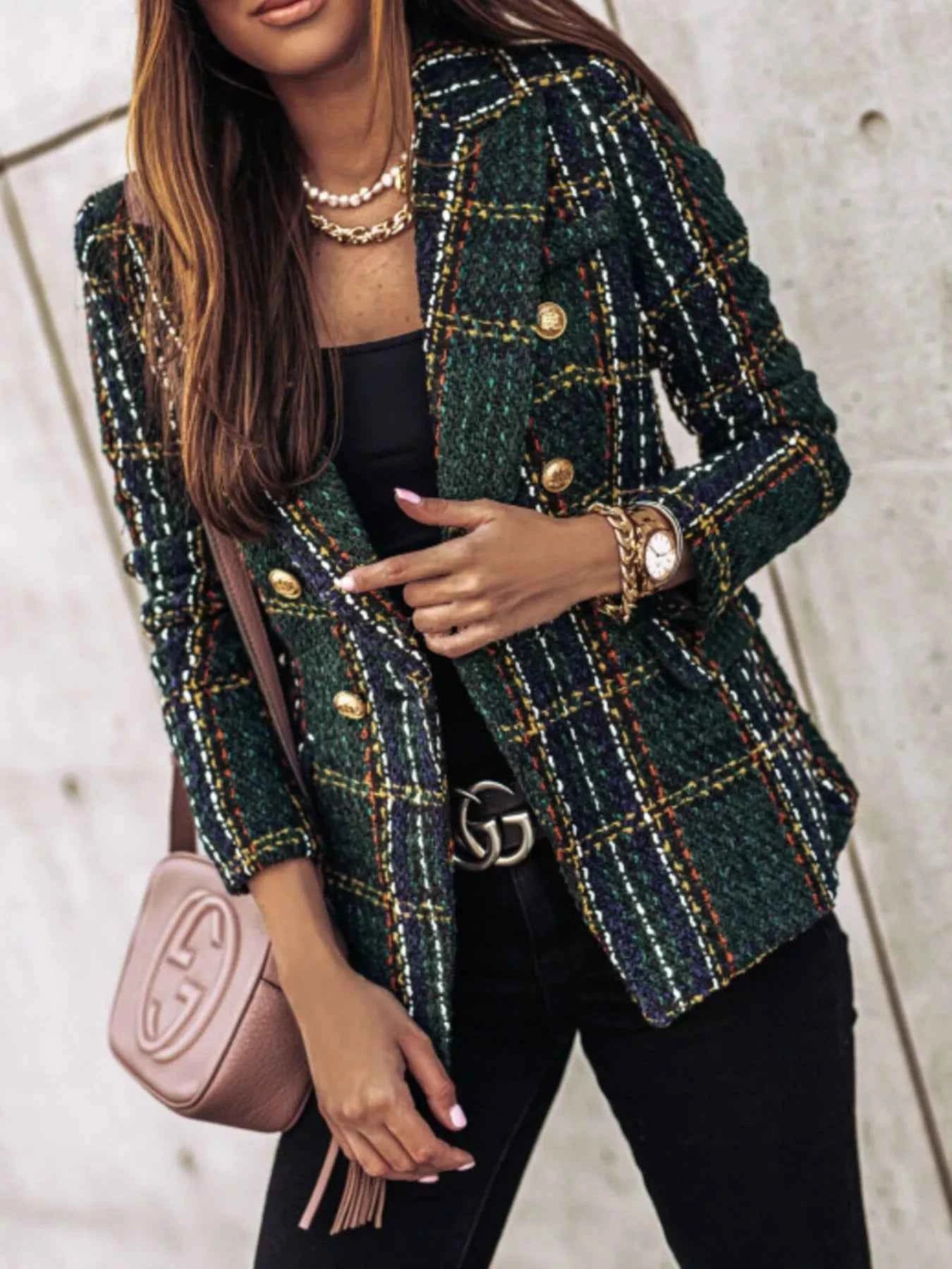 Full Size Plaid Tweed Double-Breasted Blazer Plus Size