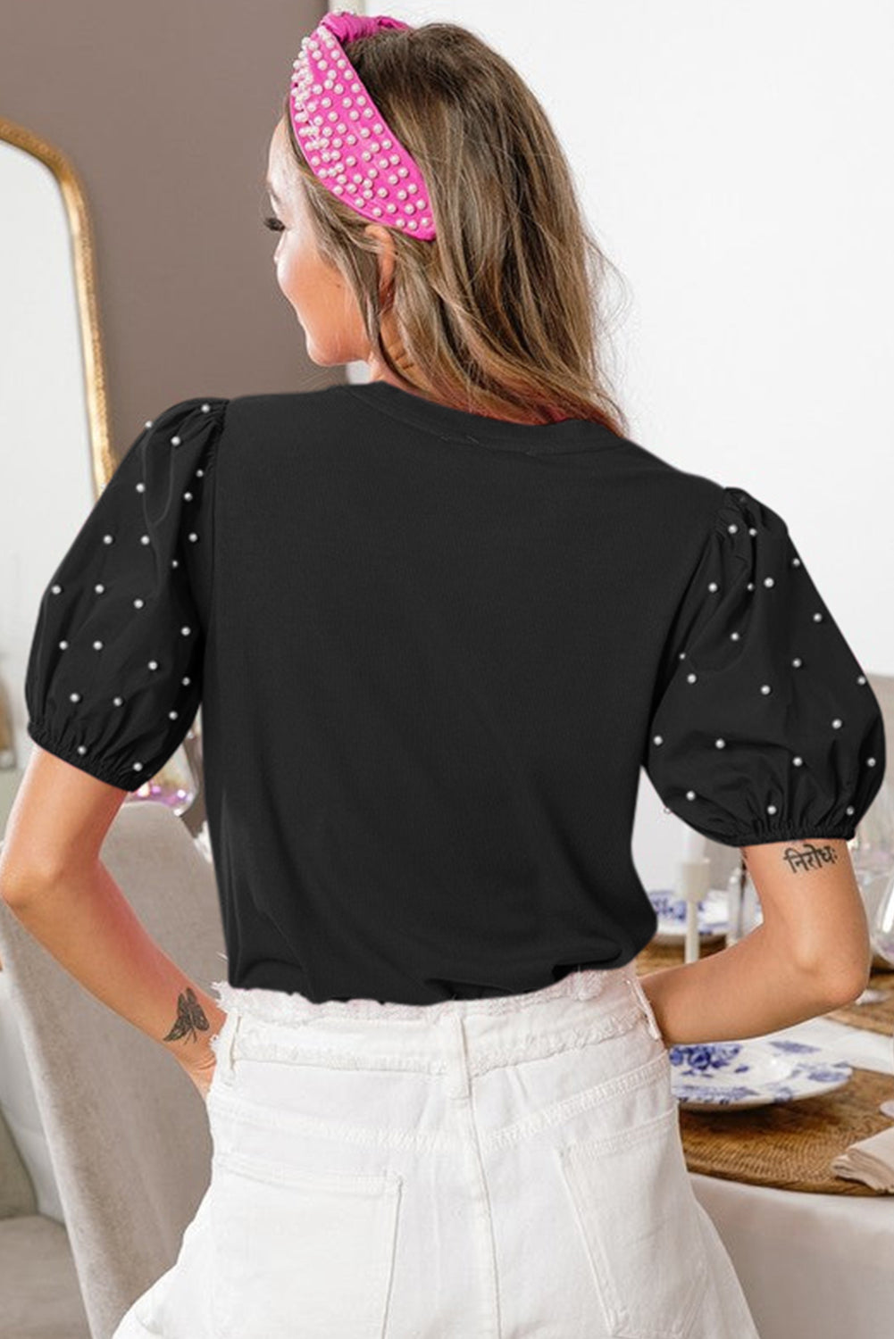 Black Ribbed Pearl Beaded Puff Sleeve Top Dear-Lover Dropshipping