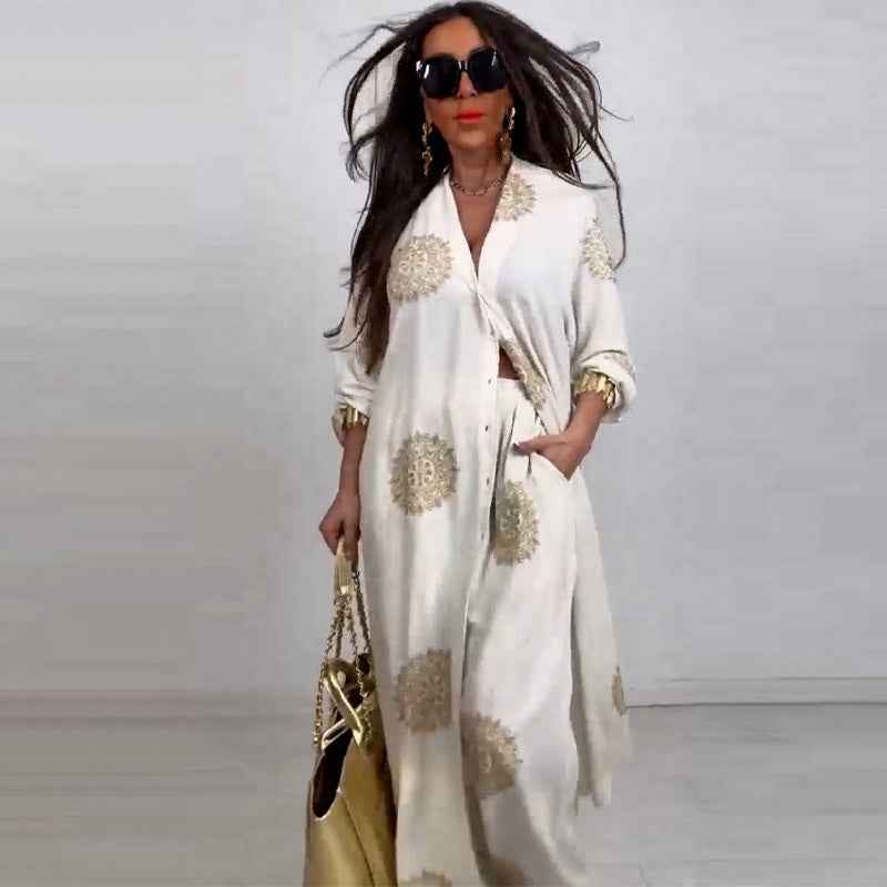 Elegant and sexy V-neck top+printed wide leg pants two-piece set