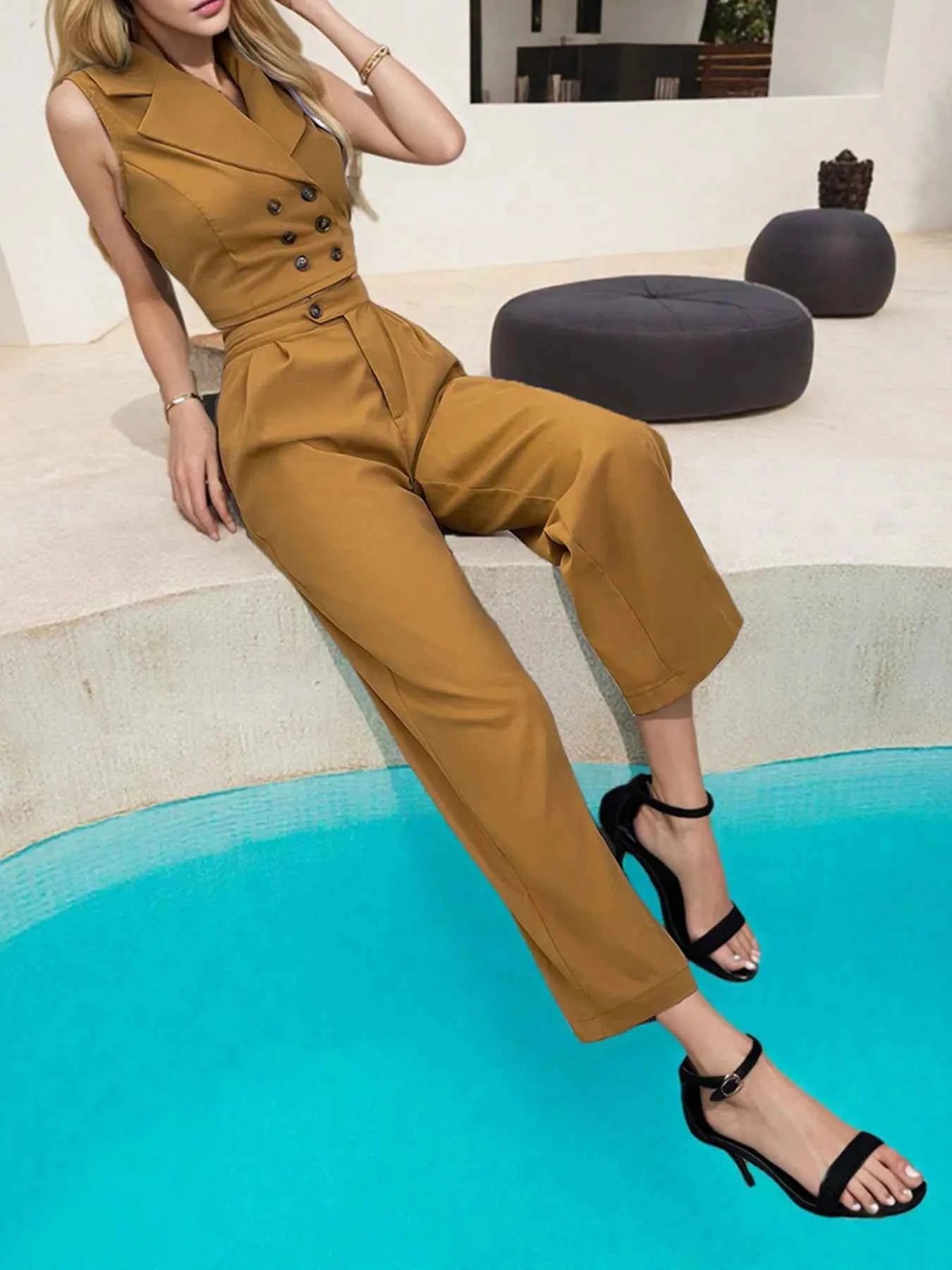 Sleeveless Blazer and Wide Leg Pants Two Piece Set