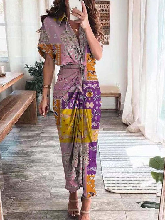 Autumn new short sleeved temperament commuting high waisted printed long dress