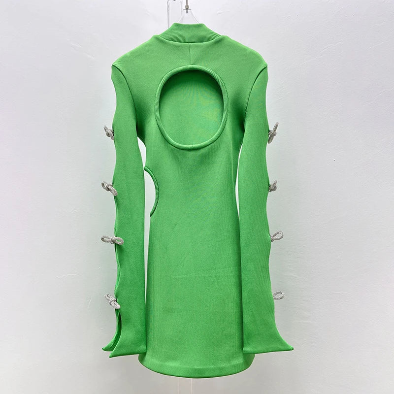 y2k summer rhinestone bow long-sleeved knit Women's dresses sexy hollow waistless package hipformal occasion dresses