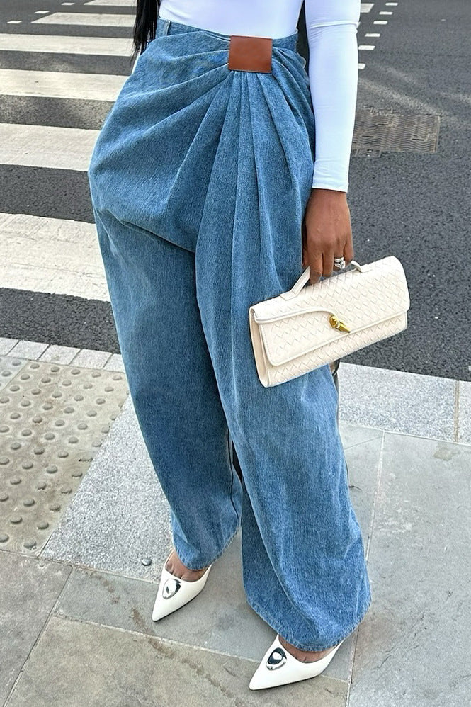 Street Style High-Waisted Wide-Leg Washed Denim Pants for Women eprolo