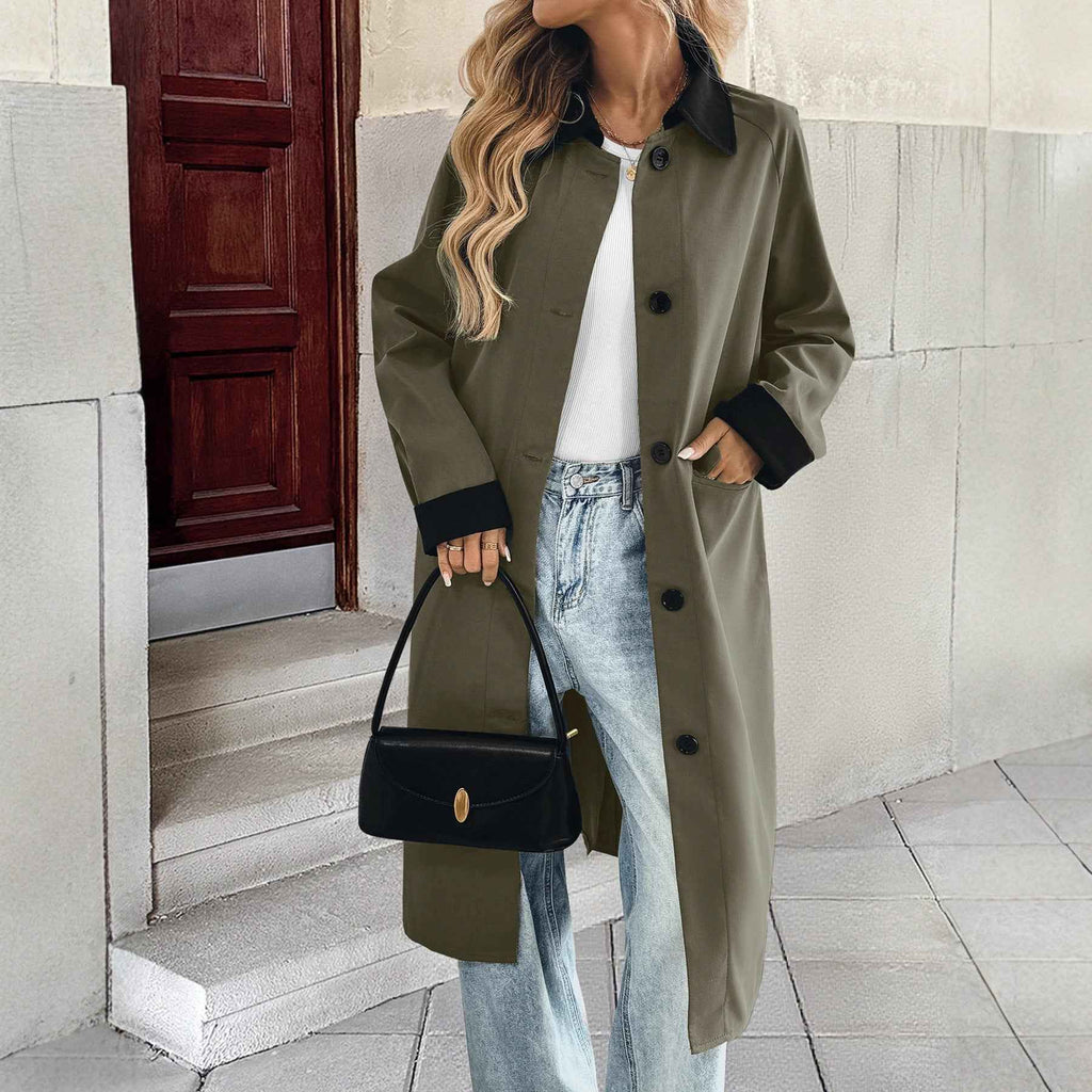 Long single breasted lapel color blocked trench coat for women