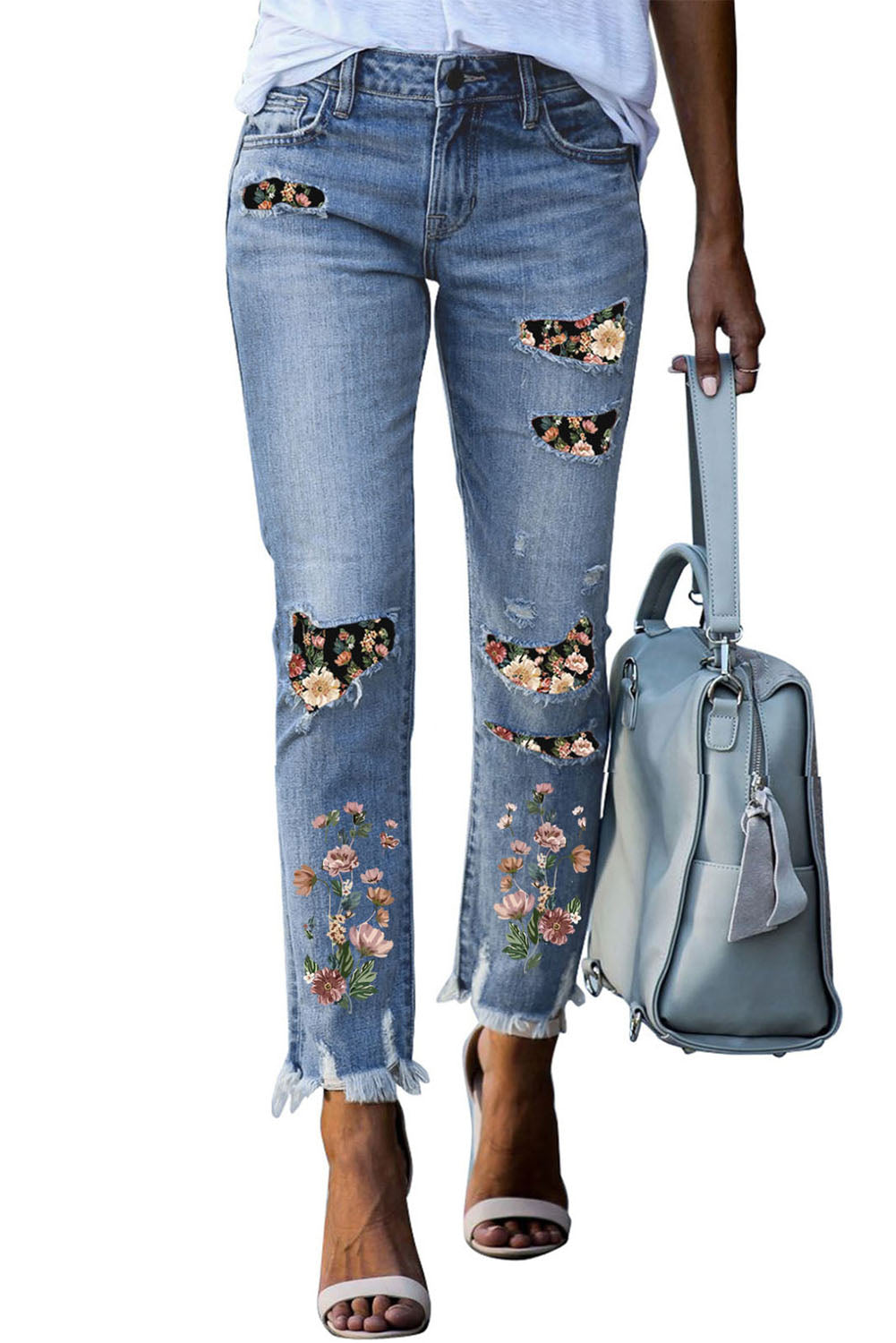 Sky Blue Printed Patch Ripped Skinny Jeans Dear-Lover Dropshipping