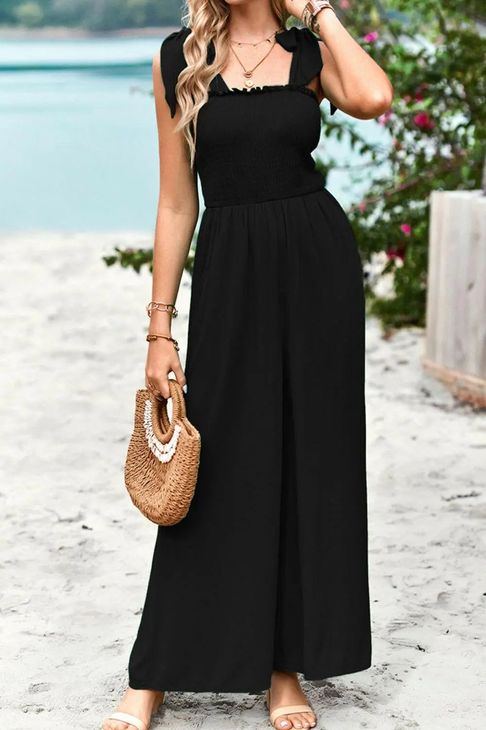 Devine Frill Trim Tie Shoulder Wide Leg Jumpsuit with Pockets.